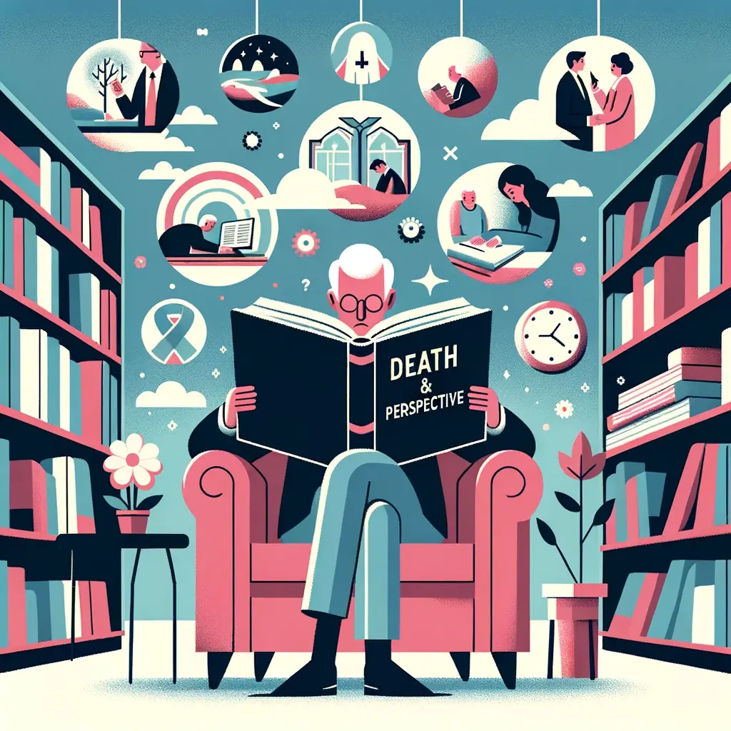 Flat design illustration depicting a library setting with a person of European descent deeply engrossed in a book titled 'Death & Perspective'. Surrounding them are floating images of life's milestones, showcasing the broader perspective gained through death reflection.