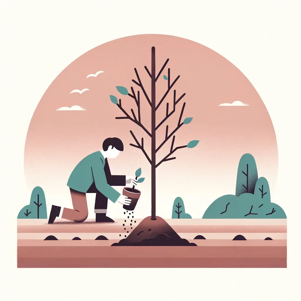 Illustration in flat design of a person of East Asian descent planting a tree in a barren land. The act of planting represents the purpose and meaning one finds when reflecting on mortality.
